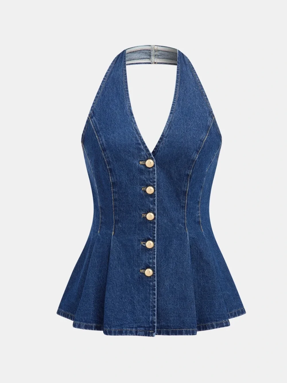 Commense Blue Denim Halter Vest & High-Rise Shorts Set M
